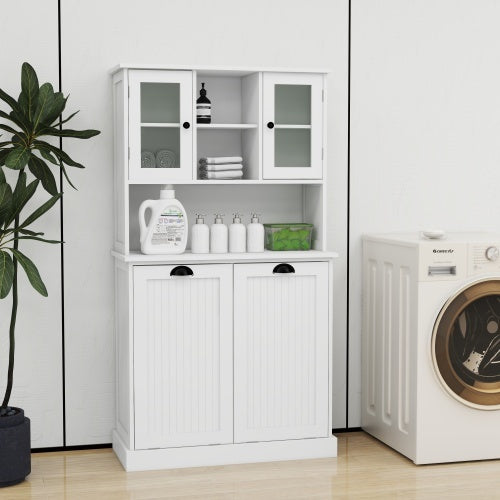 Two Compartment Inclined Dirty Laundry Basket High Bathroom Cabinet