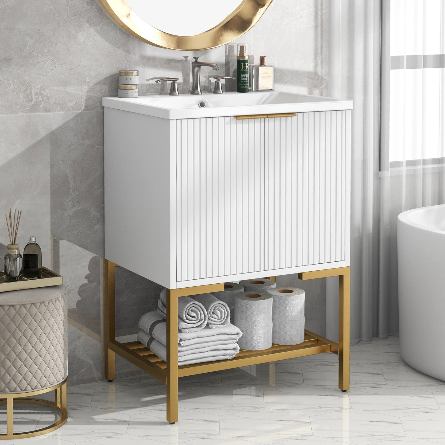 24 Inches Bathroom Vanity With Two Doors And Gold Metal Frame, Open Storage Shelves, White