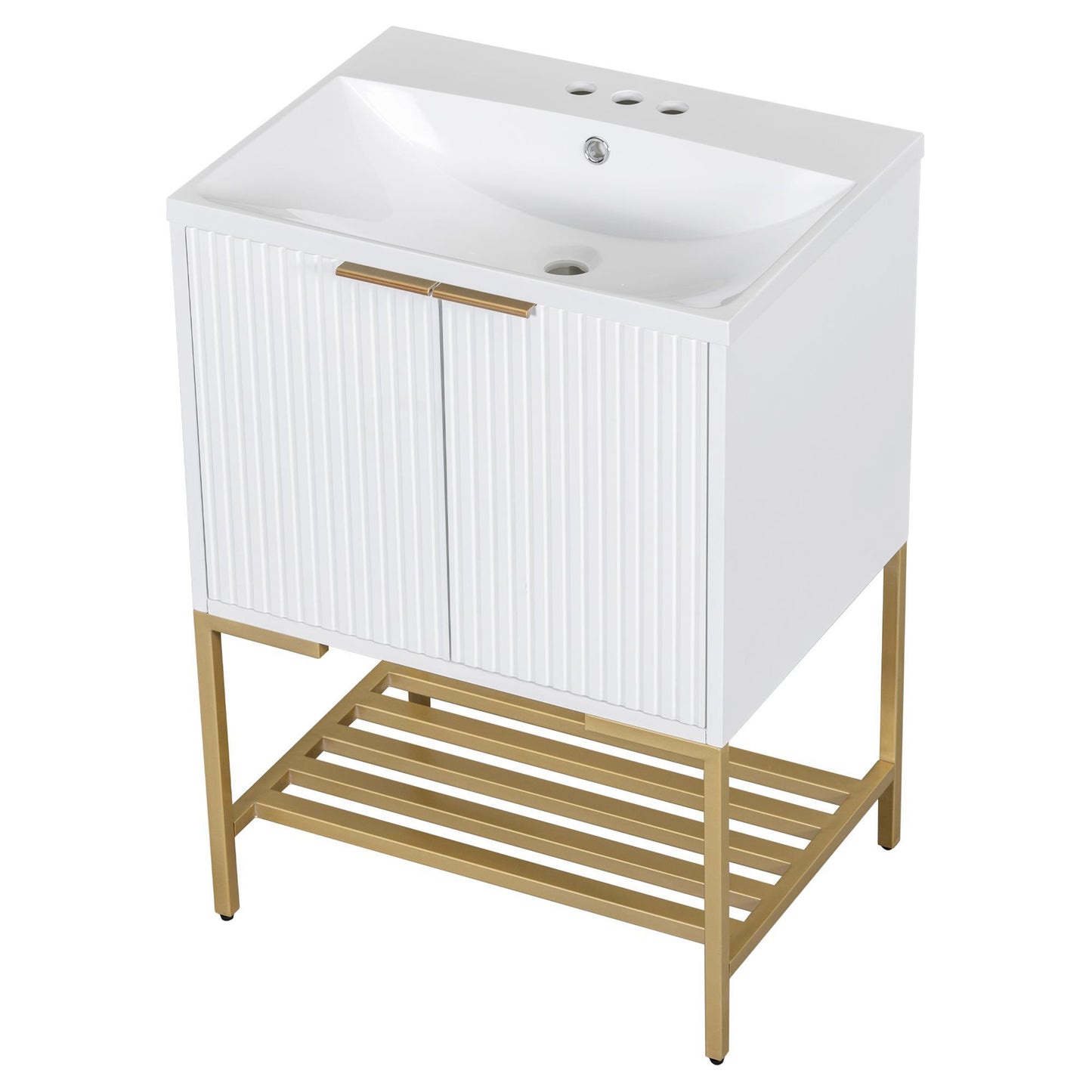 24 Inches Bathroom Vanity With Two Doors And Gold Metal Frame, Open Storage Shelves, White