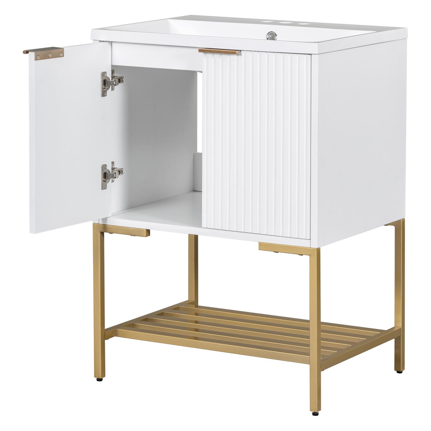 24 Inches Bathroom Vanity With Two Doors And Gold Metal Frame, Open Storage Shelves, White