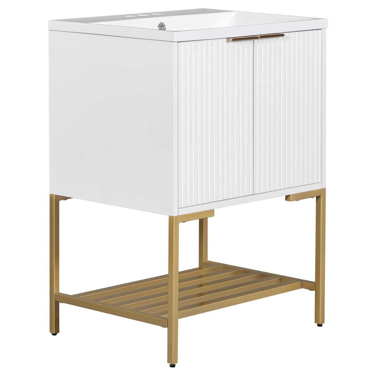 24 Inches Bathroom Vanity With Two Doors And Gold Metal Frame, Open Storage Shelves, White