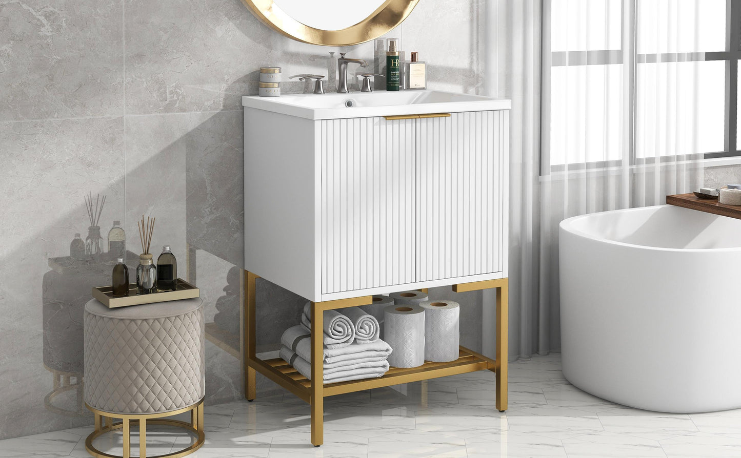 24 Inches Bathroom Vanity With Two Doors And Gold Metal Frame, Open Storage Shelves, White