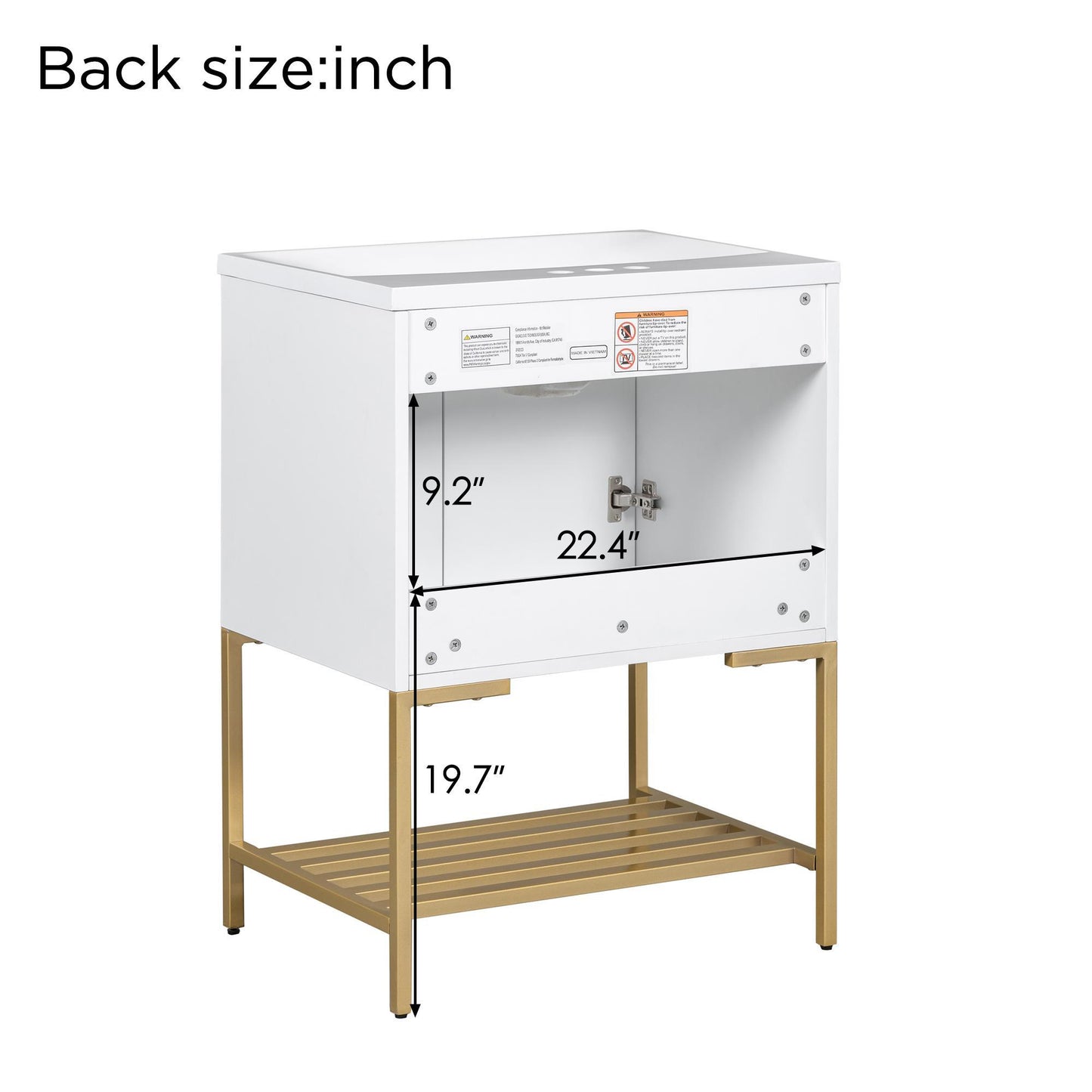 24 Inches Bathroom Vanity With Two Doors And Gold Metal Frame, Open Storage Shelves, White