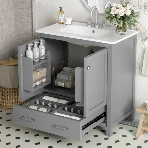 30  Gray Bathroom Vanity With Single Sink, Combo Cabinet Undermount Sink, Bathroom Storage Cabinet With 2 Doors And A Drawer, Soft Closing, Multifunctional Storage, Solid Wood Frame