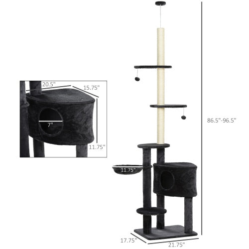 PawHut Adjustable Height Floor-To-Ceiling Vertical Cat Tree With Carpet Platforms, Condo  Rope Scratching Areas, Dark Grey