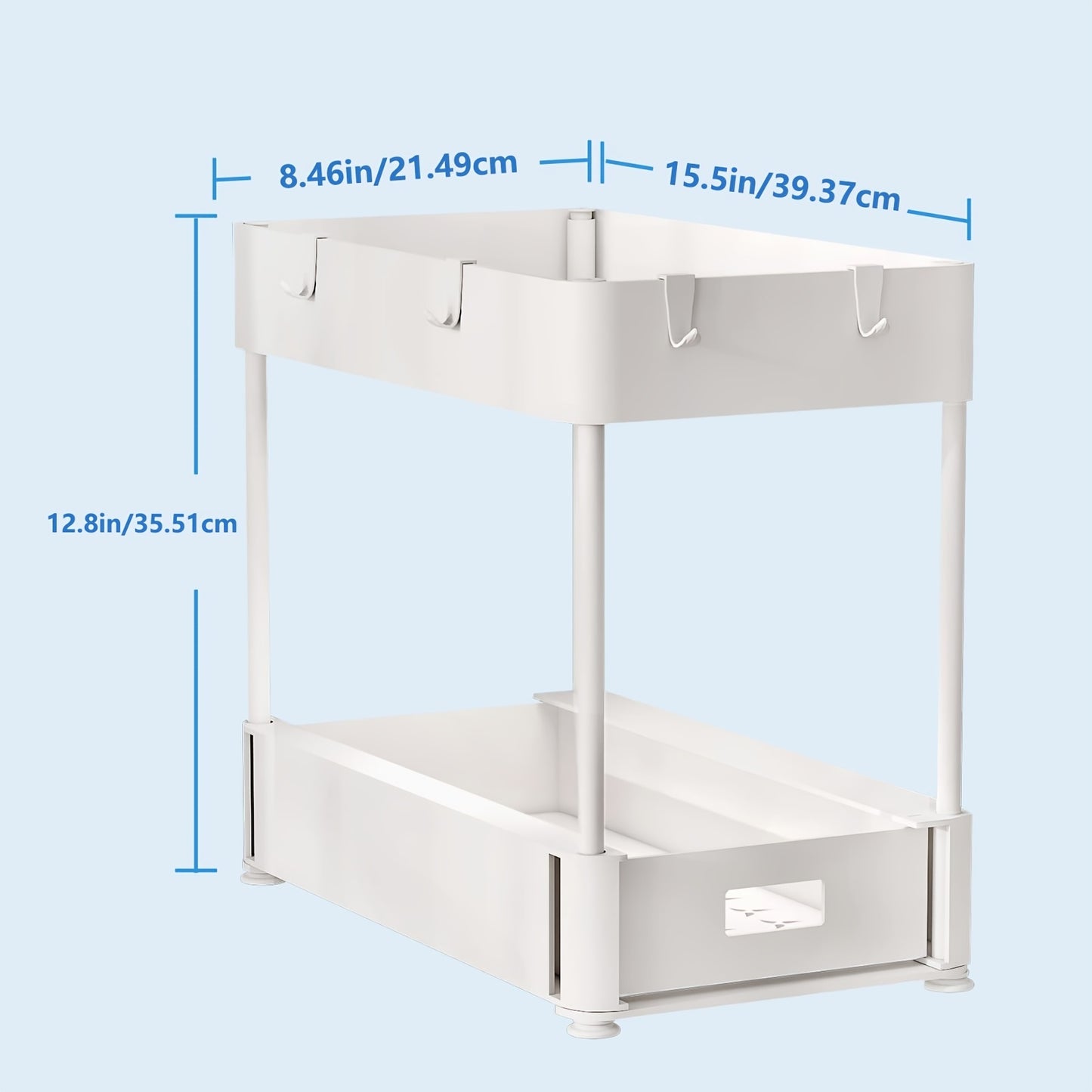 2PC Under Sink Organizer Rack 2 Tier Under Sliding Cabinet Basket Organizer Drawer With 4 Hooks, Multi-purpose Under Sink Storage For Bathroom Kitchen Desktop White