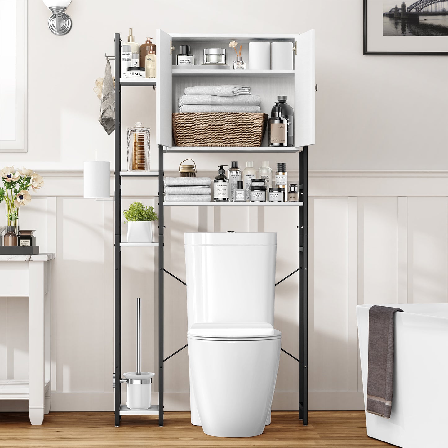 Toilet Storage Cabinet With 4 Layers Of Side Adjustable Storage Racks, Anti-slip Freestanding Toilet Organizer With Hooks, Suitable For Bathrooms, Laundry Rooms, In White.