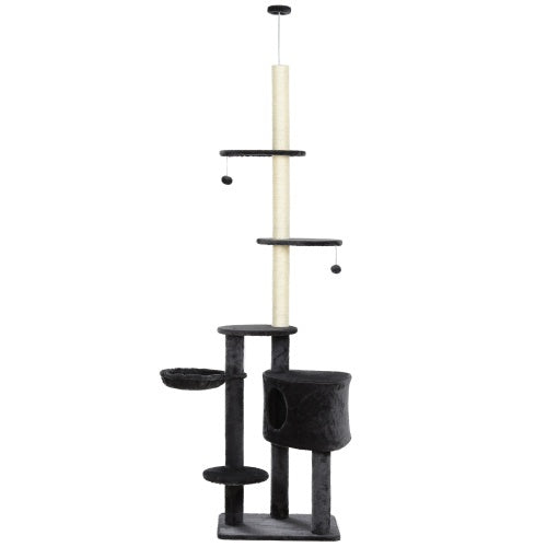 PawHut Adjustable Height Floor-To-Ceiling Vertical Cat Tree With Carpet Platforms, Condo  Rope Scratching Areas, Dark Grey