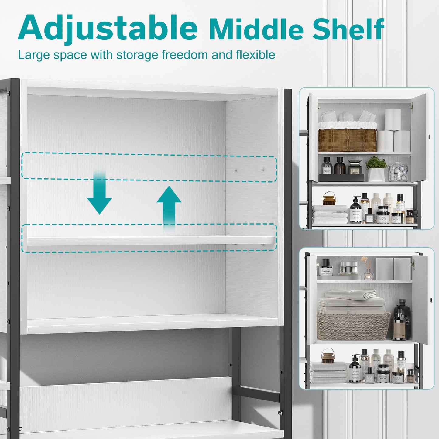 Toilet Storage Cabinet With 4 Layers Of Side Adjustable Storage Racks, Anti-slip Freestanding Toilet Organizer With Hooks, Suitable For Bathrooms, Laundry Rooms, In White.