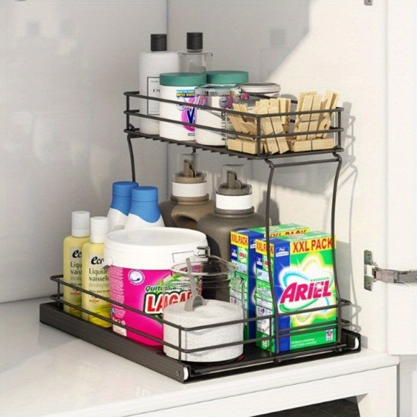 Double Slide-out Sink Cabinet Organizer, Under Sink Organizer In Kitchen And Bathroom Cabinets, Medium, Black