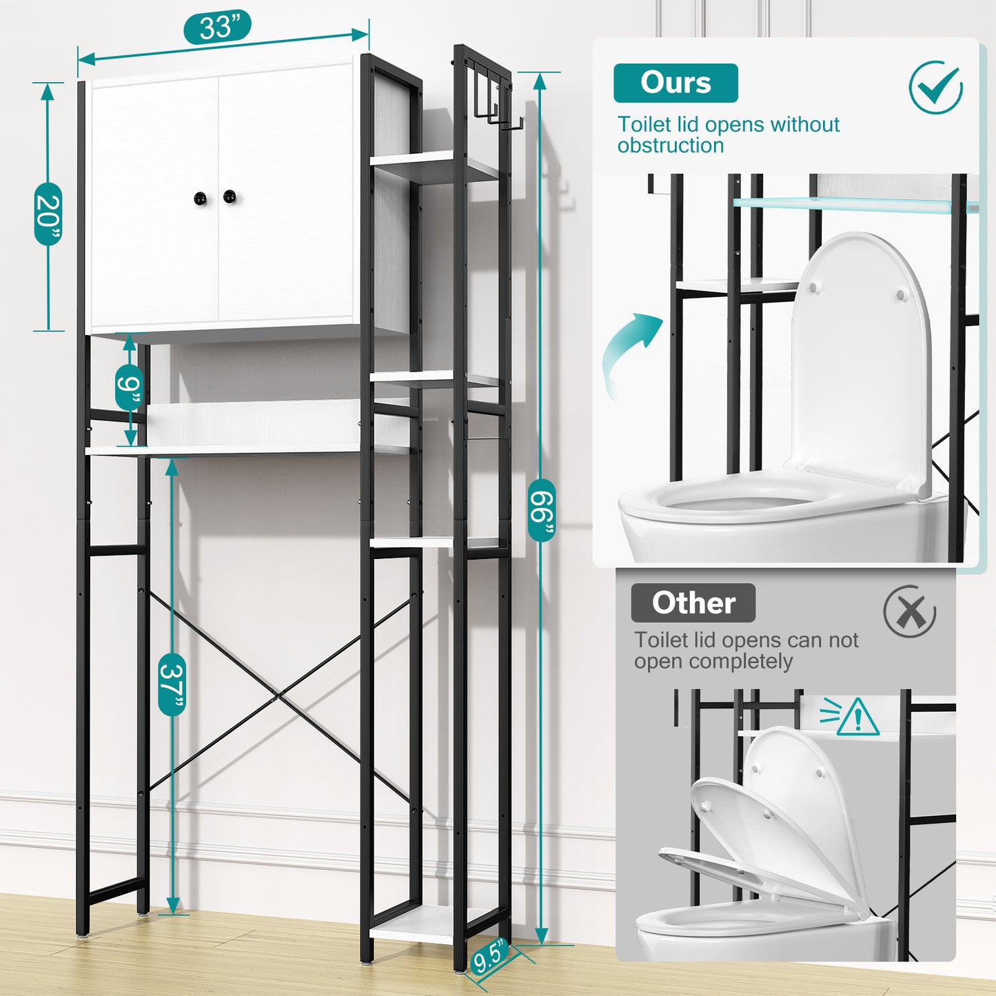 Toilet Storage Cabinet With 4 Layers Of Side Adjustable Storage Racks, Anti-slip Freestanding Toilet Organizer With Hooks, Suitable For Bathrooms, Laundry Rooms, In White.