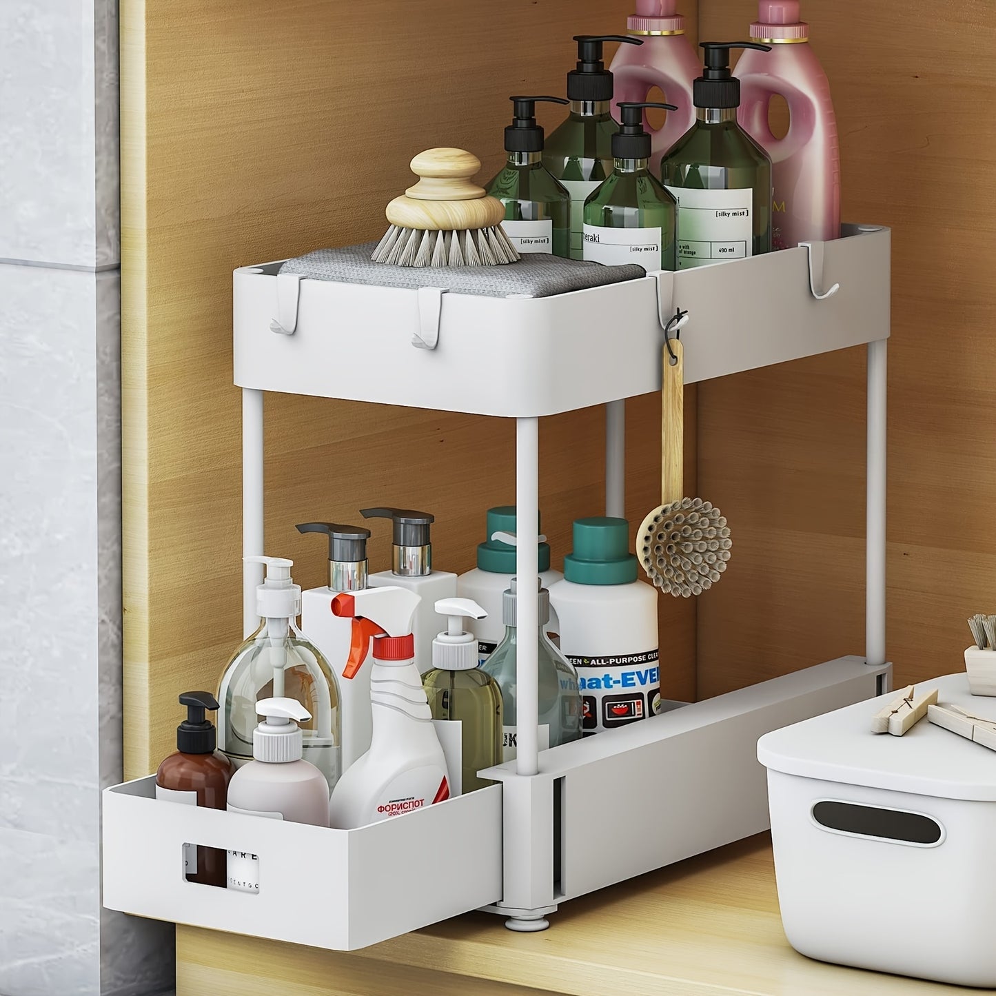 2PC Under Sink Organizer Rack 2 Tier Under Sliding Cabinet Basket Organizer Drawer With 4 Hooks, Multi-purpose Under Sink Storage For Bathroom Kitchen Desktop White