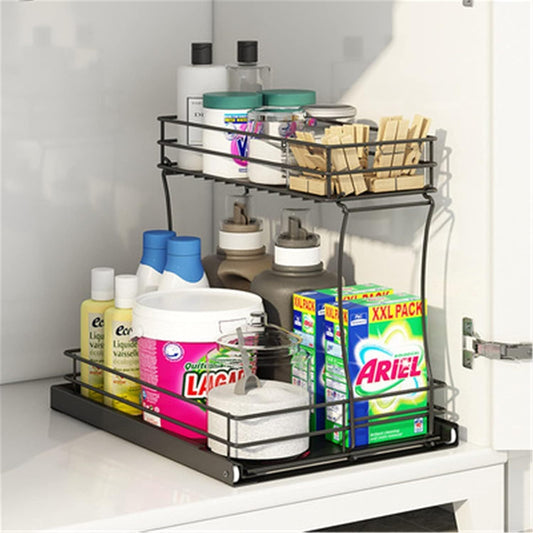 2 Pack, Metal Pull Out Cabinet Organizer, Kitchen Bathroom Organizer And Storage Rack With Sliding Drawers, Storage Rack, Storage And Organization For Home, Laundry Room, RV, Pantry, Spices