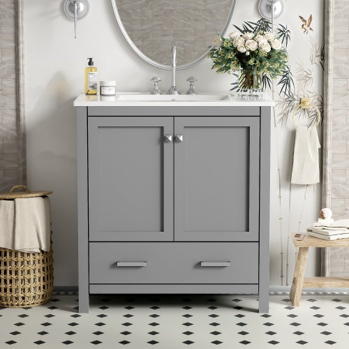 30  Gray Bathroom Vanity With Single Sink, Combo Cabinet Undermount Sink, Bathroom Storage Cabinet With 2 Doors And A Drawer, Soft Closing, Multifunctional Storage, Solid Wood Frame