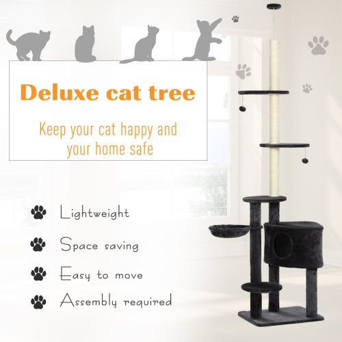 PawHut Adjustable Height Floor-To-Ceiling Vertical Cat Tree With Carpet Platforms, Condo  Rope Scratching Areas, Dark Grey