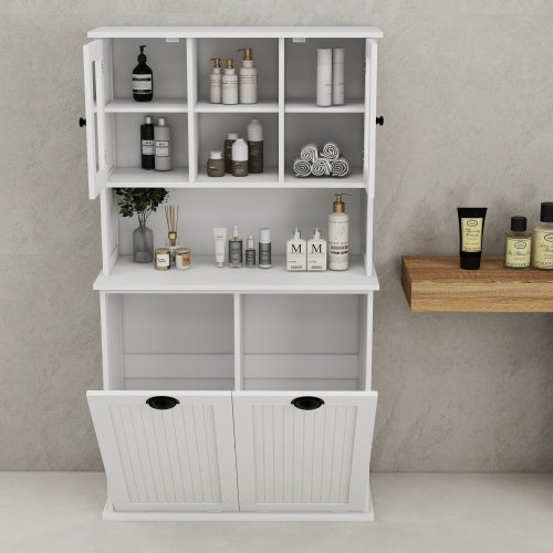 Two Compartment Inclined Dirty Laundry Basket High Bathroom Cabinet