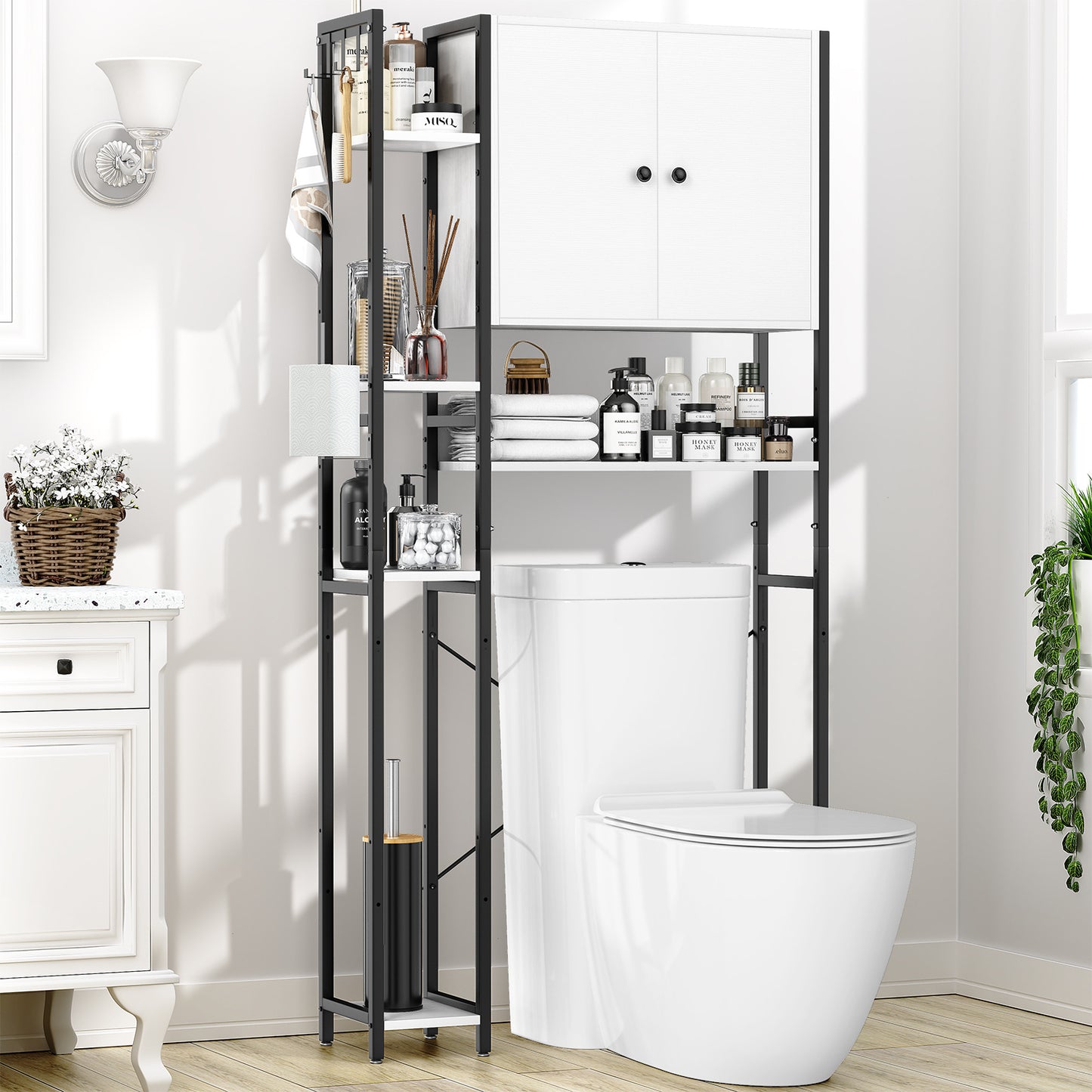 Toilet Storage Cabinet With 4 Layers Of Side Adjustable Storage Racks, Anti-slip Freestanding Toilet Organizer With Hooks, Suitable For Bathrooms, Laundry Rooms, In White.