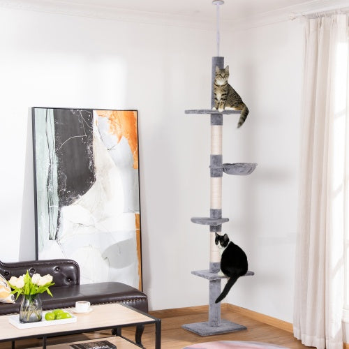 PawHut 9' Adjustable Height Floor-To-Ceiling Vertical Cat Tree - Grey And White