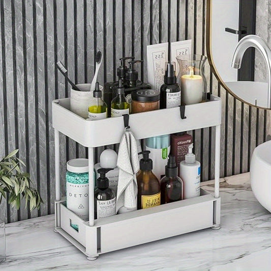 2PC Under Sink Organizer Rack 2 Tier Under Sliding Cabinet Basket Organizer Drawer With 4 Hooks, Multi-purpose Under Sink Storage For Bathroom Kitchen Desktop White