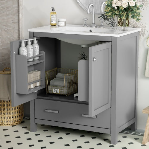 30  Gray Bathroom Vanity With Single Sink, Combo Cabinet Undermount Sink, Bathroom Storage Cabinet With 2 Doors And A Drawer, Soft Closing, Multifunctional Storage, Solid Wood Frame