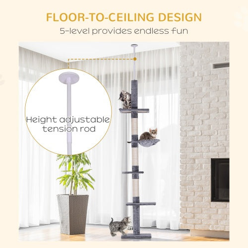 PawHut 9' Adjustable Height Floor-To-Ceiling Vertical Cat Tree - Grey And White