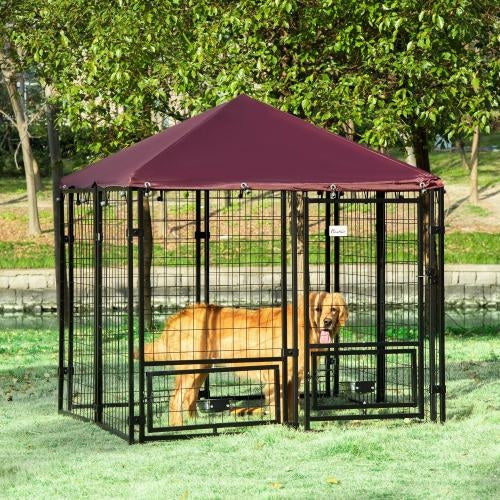 Outdoor Kennel With Rotating Bowl Rack, Walk-in Pet Playpen, Welded Wire Steel Dog Pen, With Waterproof And UV Resistant Awning