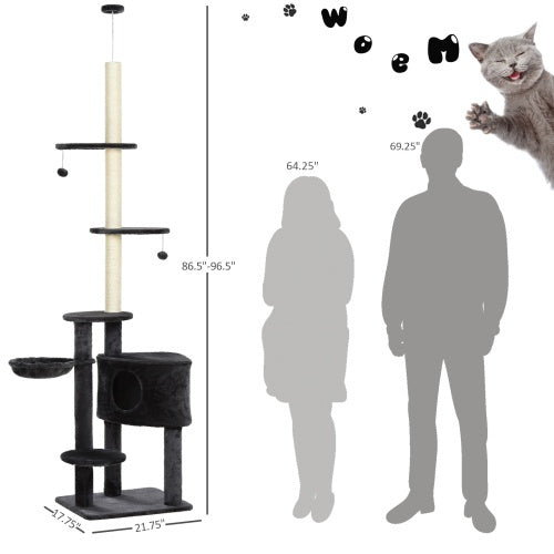 PawHut Adjustable Height Floor-To-Ceiling Vertical Cat Tree With Carpet Platforms, Condo  Rope Scratching Areas, Dark Grey