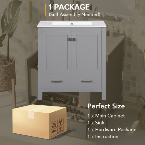 30  Gray Bathroom Vanity With Single Sink, Combo Cabinet Undermount Sink, Bathroom Storage Cabinet With 2 Doors And A Drawer, Soft Closing, Multifunctional Storage, Solid Wood Frame