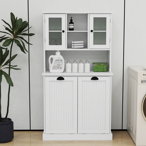 Two Compartment Inclined Dirty Laundry Basket High Bathroom Cabinet