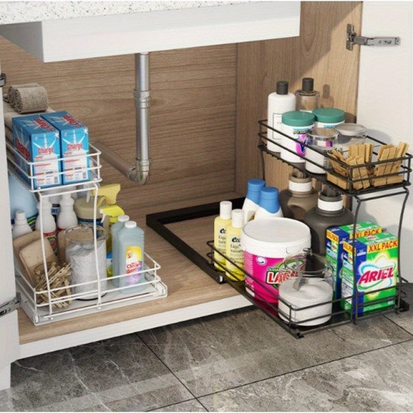 Double Slide-out Sink Cabinet Organizer, Under Sink Organizer In Kitchen And Bathroom Cabinets, Medium, Black