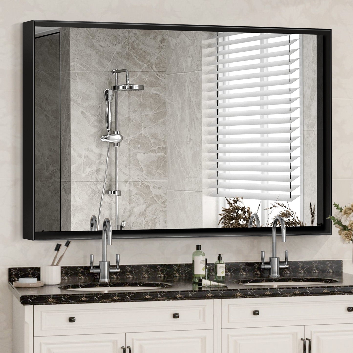 40x30 Inch Glossy Black Bathroom Mirror Wall Rectangular Vanity Mirror