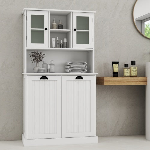 Two Compartment Inclined Dirty Laundry Basket High Bathroom Cabinet