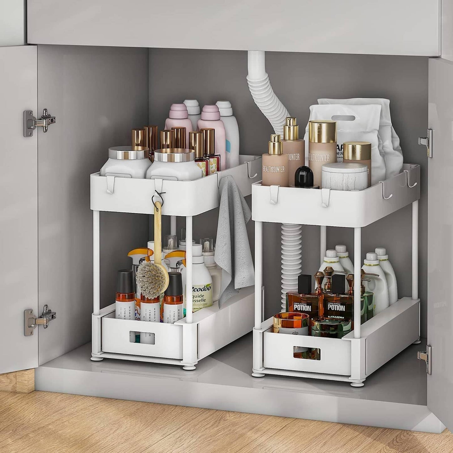 2PC Under Sink Organizer Rack 2 Tier Under Sliding Cabinet Basket Organizer Drawer With 4 Hooks, Multi-purpose Under Sink Storage For Bathroom Kitchen Desktop White