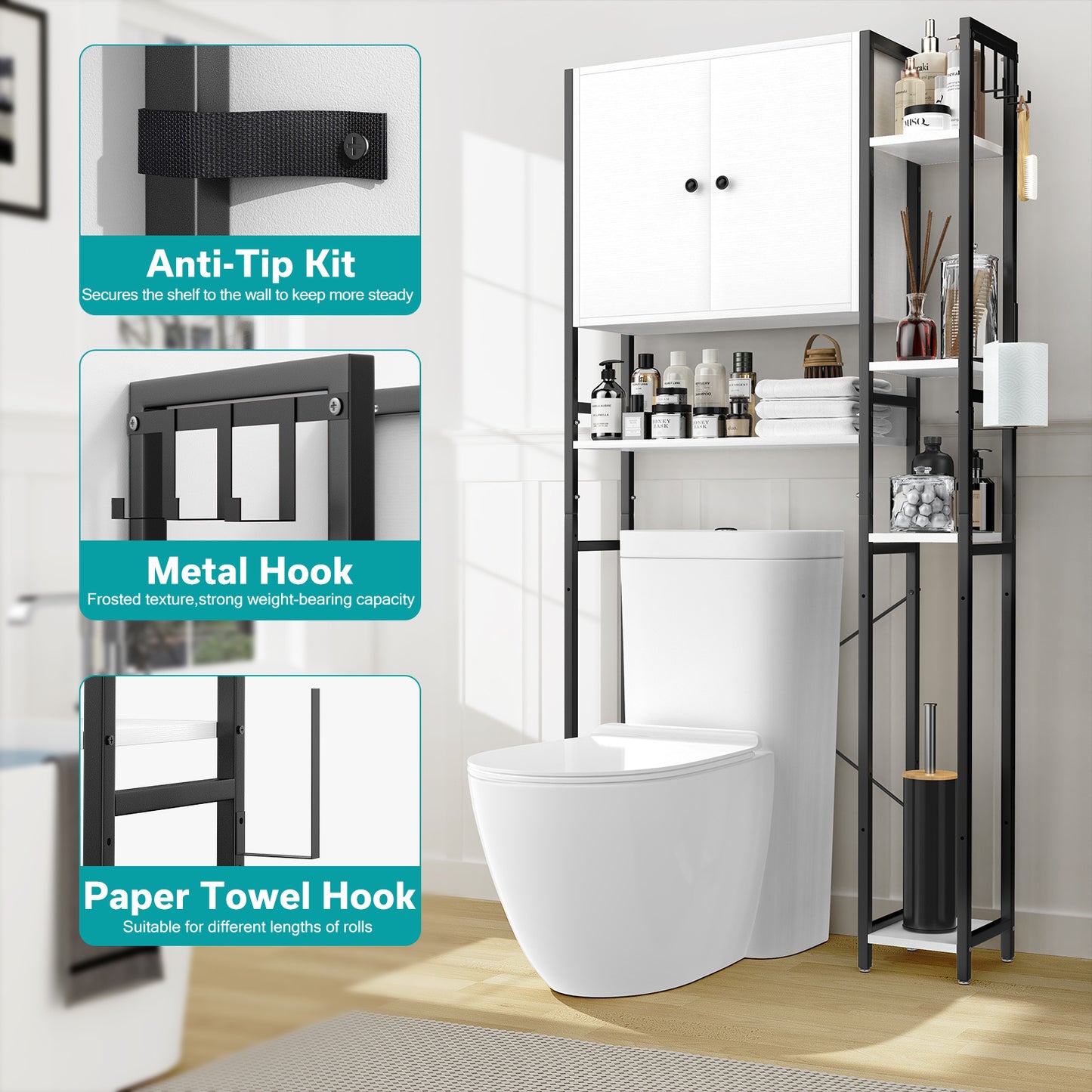 Toilet Storage Cabinet With 4 Layers Of Side Adjustable Storage Racks, Anti-slip Freestanding Toilet Organizer With Hooks, Suitable For Bathrooms, Laundry Rooms, In White.