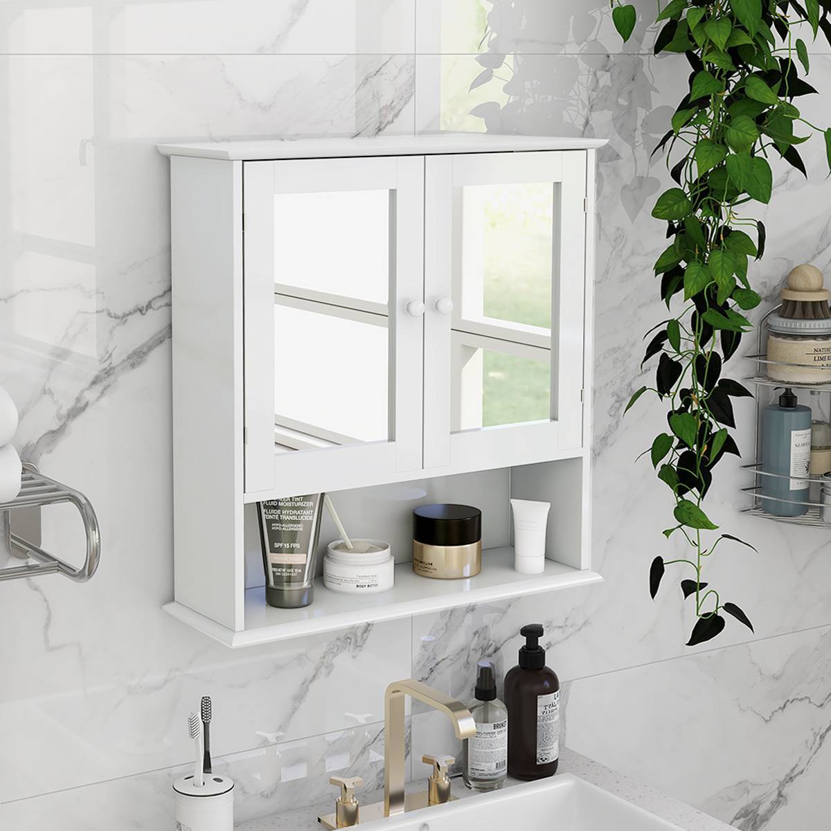 Bathroom Wall Cabinet With Doule Mirror Doors And Shelvs