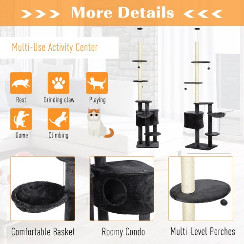 PawHut Adjustable Height Floor-To-Ceiling Vertical Cat Tree With Carpet Platforms, Condo  Rope Scratching Areas, Dark Grey