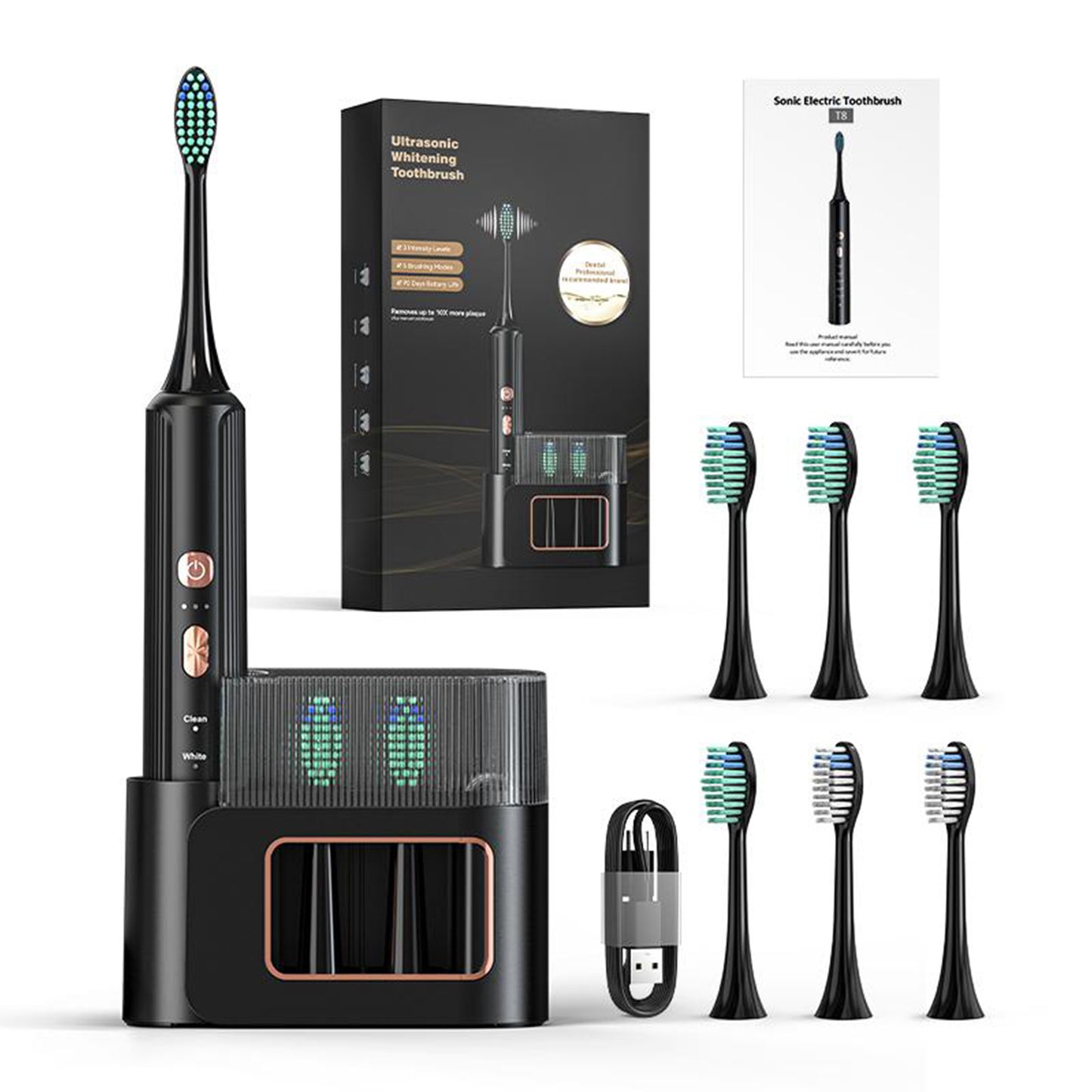 Aquasonic Black Series Ultra Whitening Toothbrush    ADA  Approved Electric Toothbrush   8 Brush Heads And Travel Case, 40,000 VPM Electric Motor And Wireless Charging, 4 Modes With Smart Timer