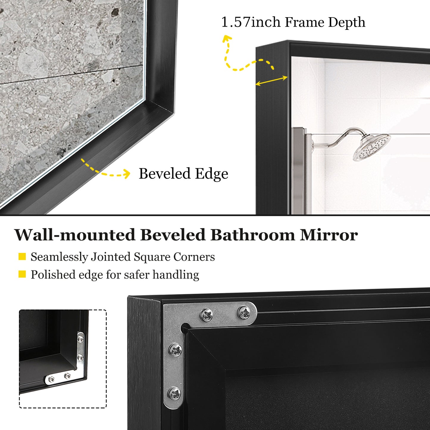 40x30 Inch Glossy Black Bathroom Mirror Wall Rectangular Vanity Mirror