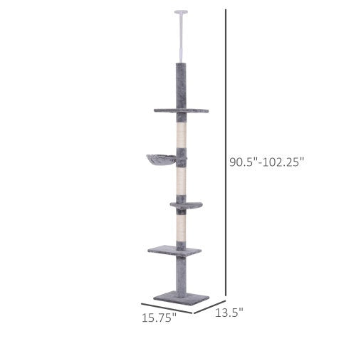 PawHut 9' Adjustable Height Floor-To-Ceiling Vertical Cat Tree - Grey And White