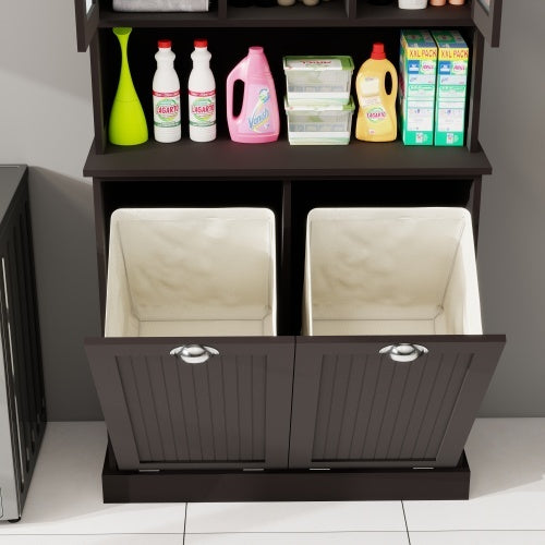 Two Compartment Inclined Dirty Laundry Basket High Bathroom Cabinet