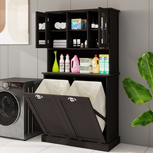 Two Compartment Inclined Dirty Laundry Basket High Bathroom Cabinet